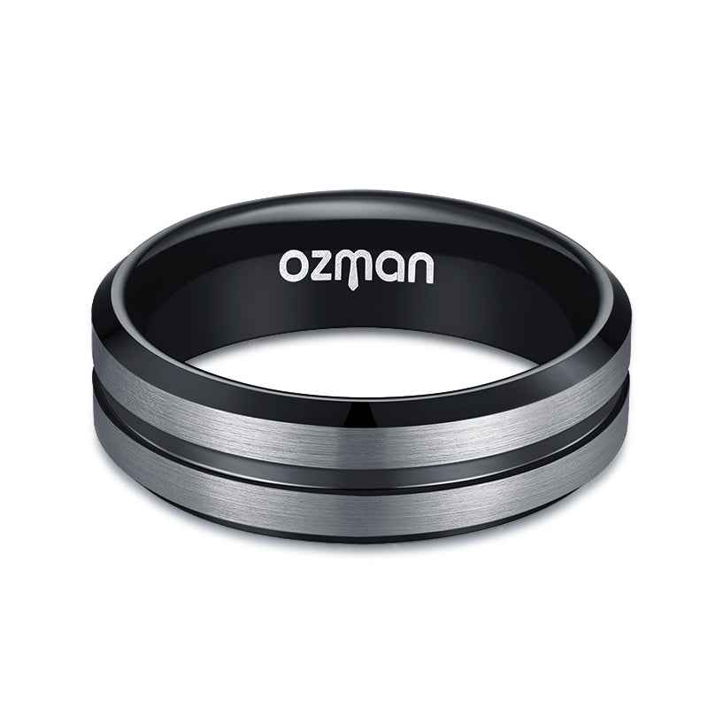 Men's 8 mm Black Grooved Beveled Tungsten Ring - Ozman