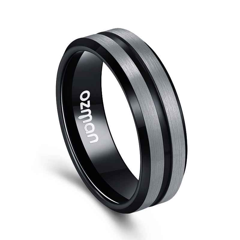 Men's 8 mm Black Grooved Beveled Tungsten Ring - Ozman