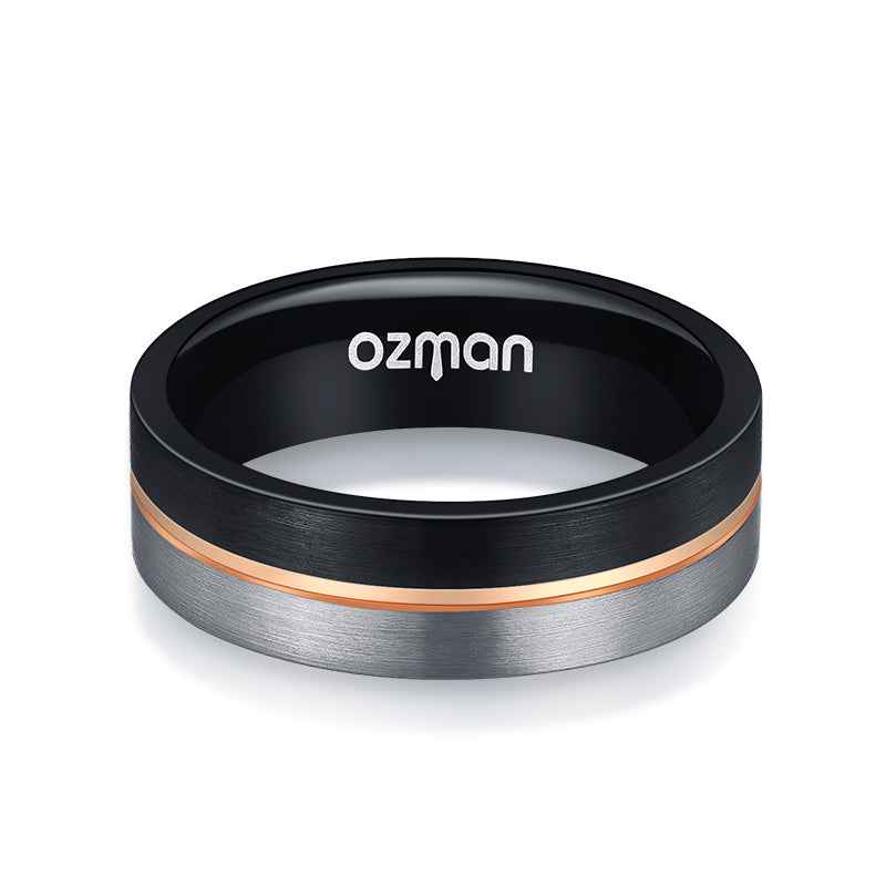 Men's 8 mm Silver Black Brushed Rose Gold Grooved Tungsten Ring - Ozman