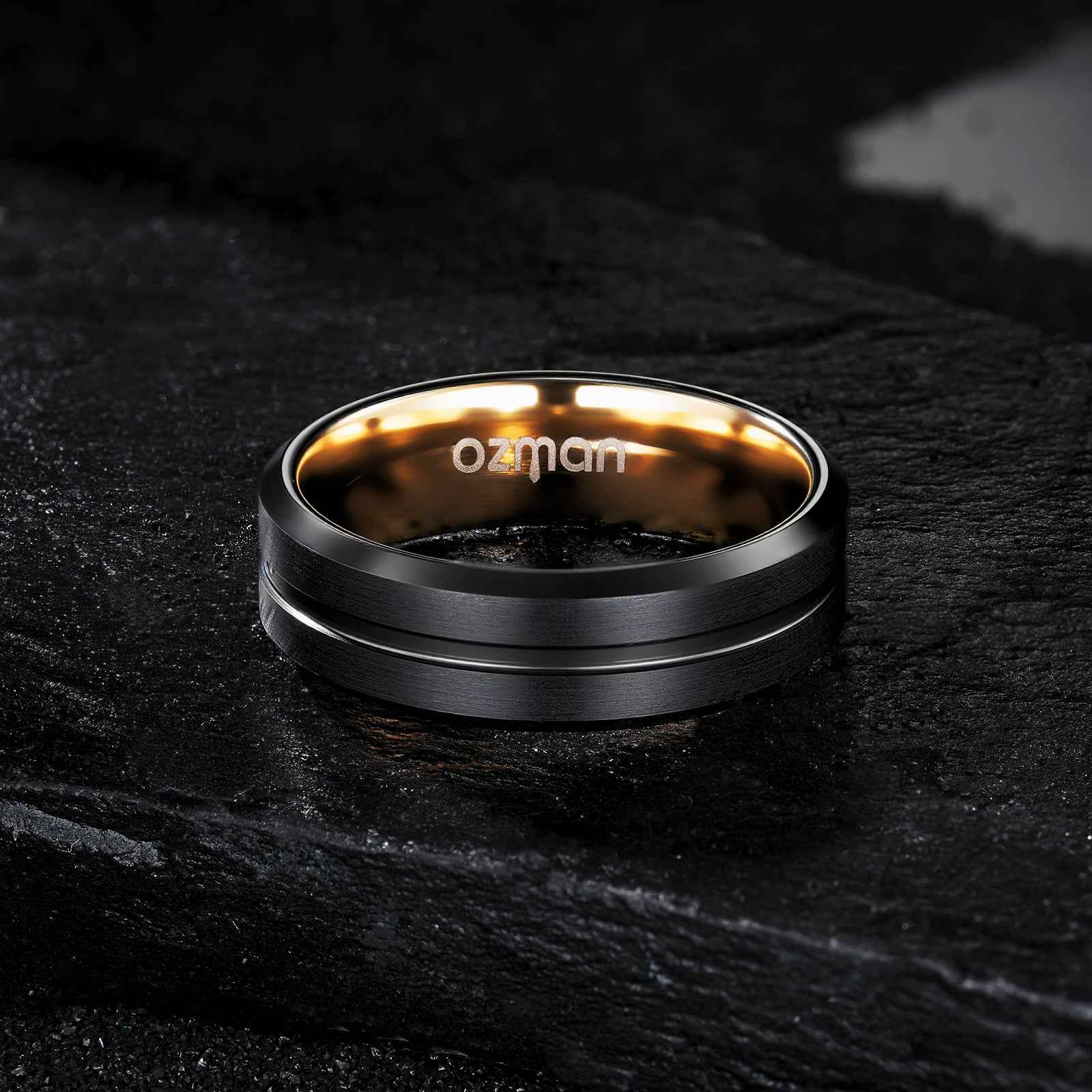 Men's Dark Night Grooved Rose Gold Inlay Tungsten Ring - Ozman
