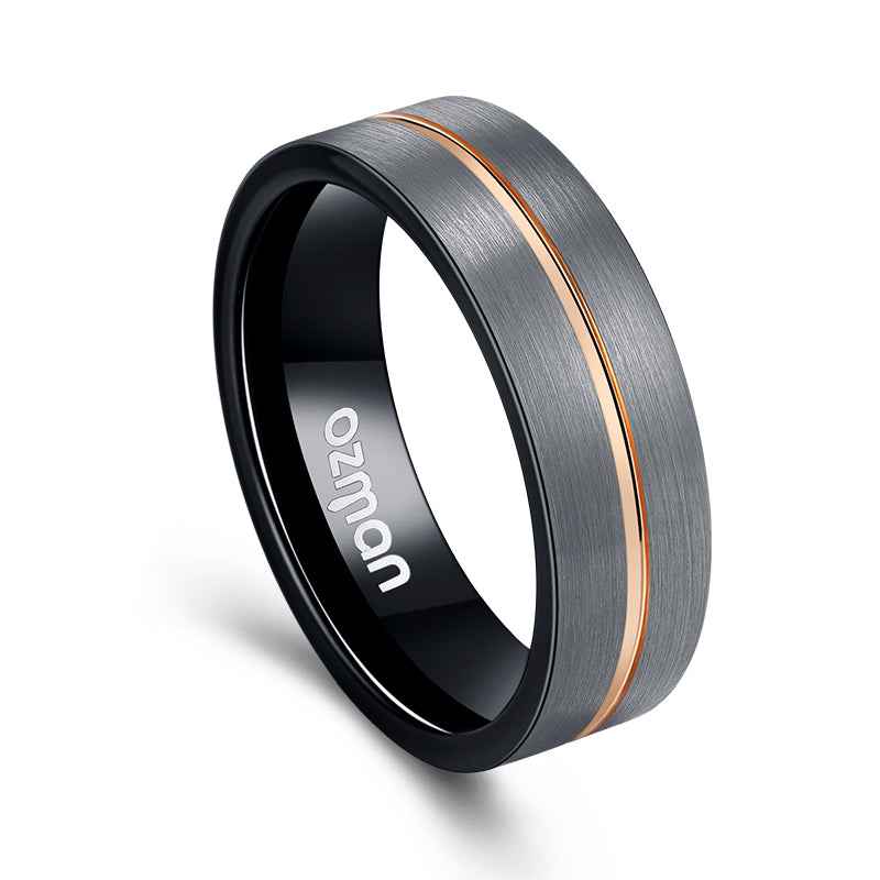 Men's Silver Brushed Black Inlay Rose Gold Grooved Tungsten Ring - Ozman