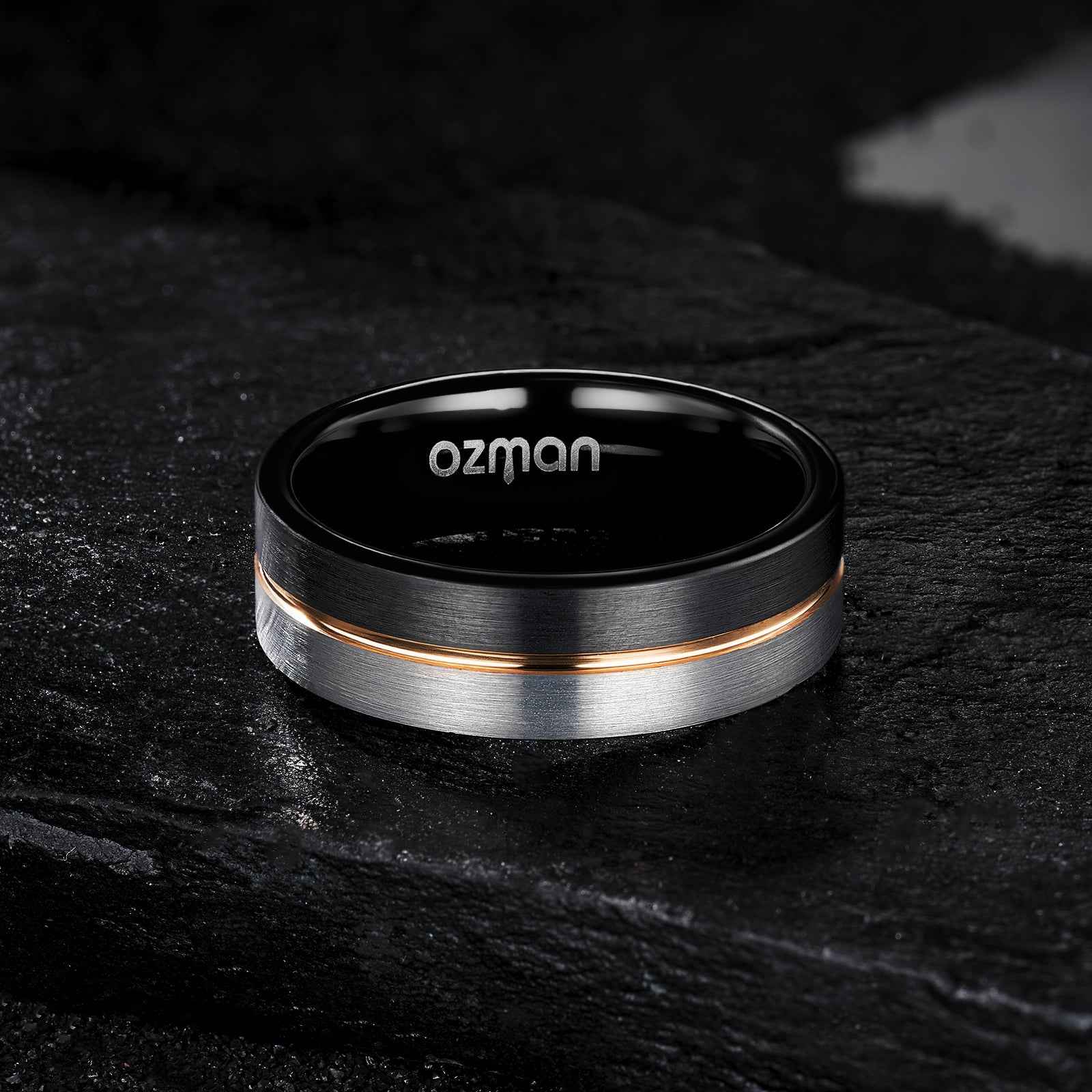 Men's 8 mm Silver Black Brushed Rose Gold Grooved Tungsten Ring - Ozman