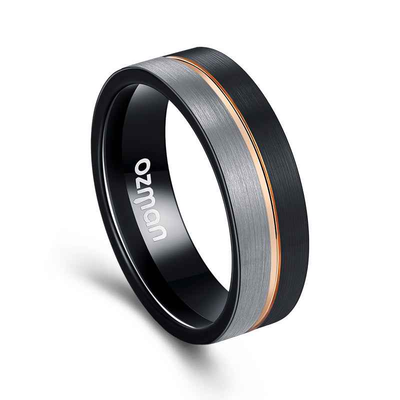 Men's 8 mm Silver Black Brushed Rose Gold Grooved Tungsten Ring - Ozman