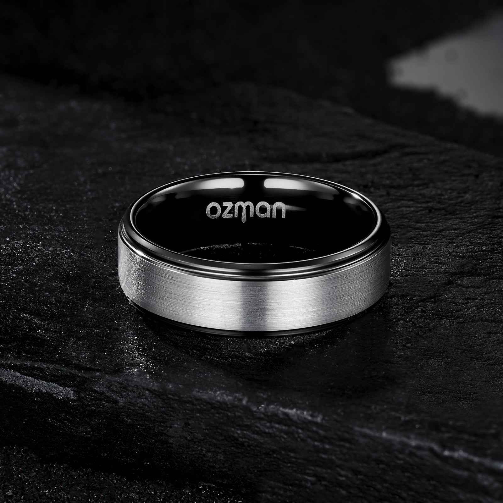 Men's 8 mm Silver Brushed Black Side Cut Tungsten Ring - Ozman