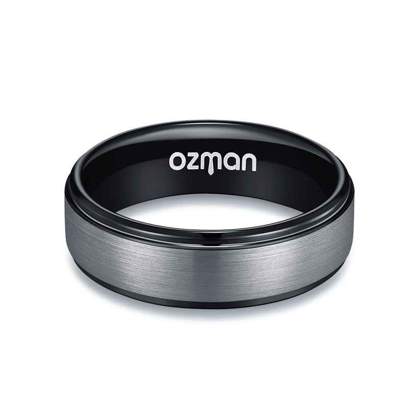 Men's 8 mm Silver Brushed Black Side Cut Tungsten Ring - Ozman