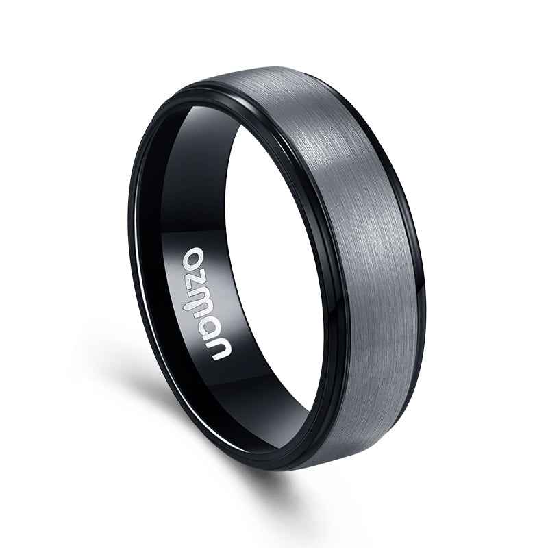 Men's 8 mm Silver Brushed Black Side Cut Tungsten Ring - Ozman