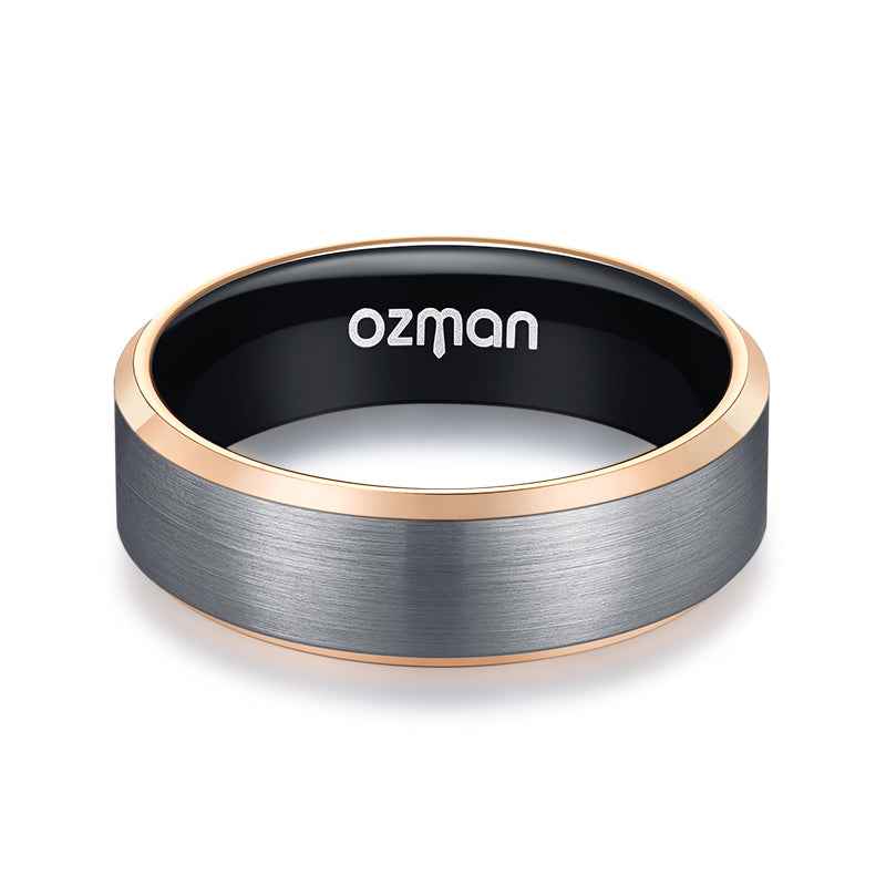 Men's 8 mm Silver Brushed Rose Gold Beveled Tungsten Ring - Ozman