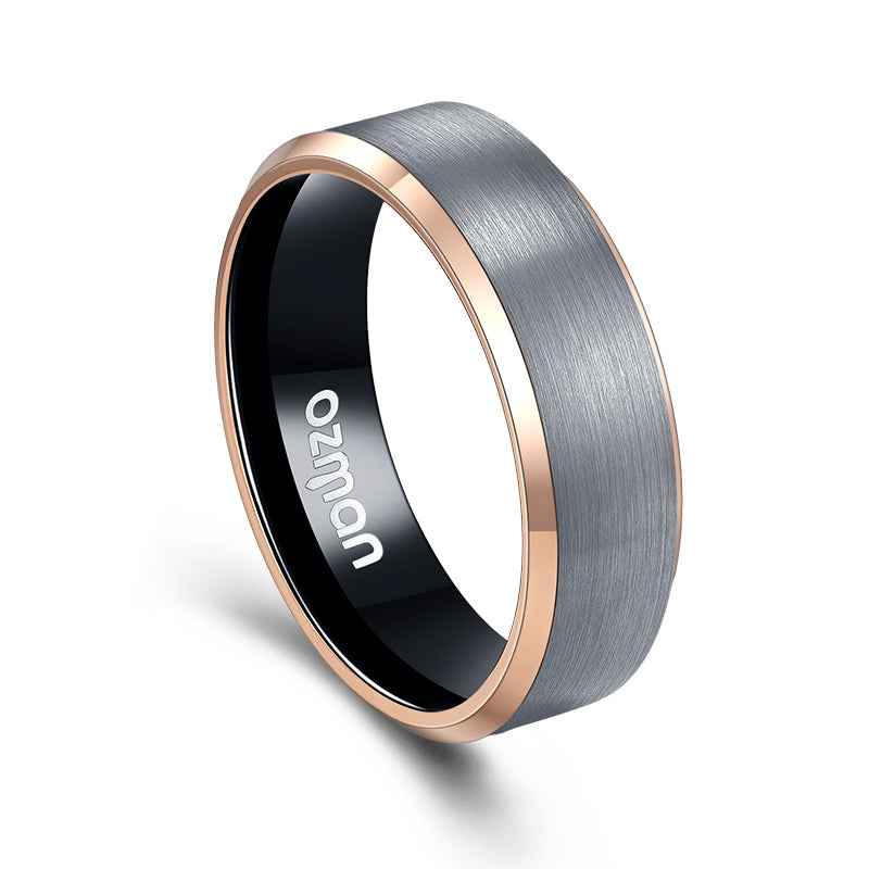 Men's 8 mm Silver Brushed Rose Gold Beveled Tungsten Ring - Ozman