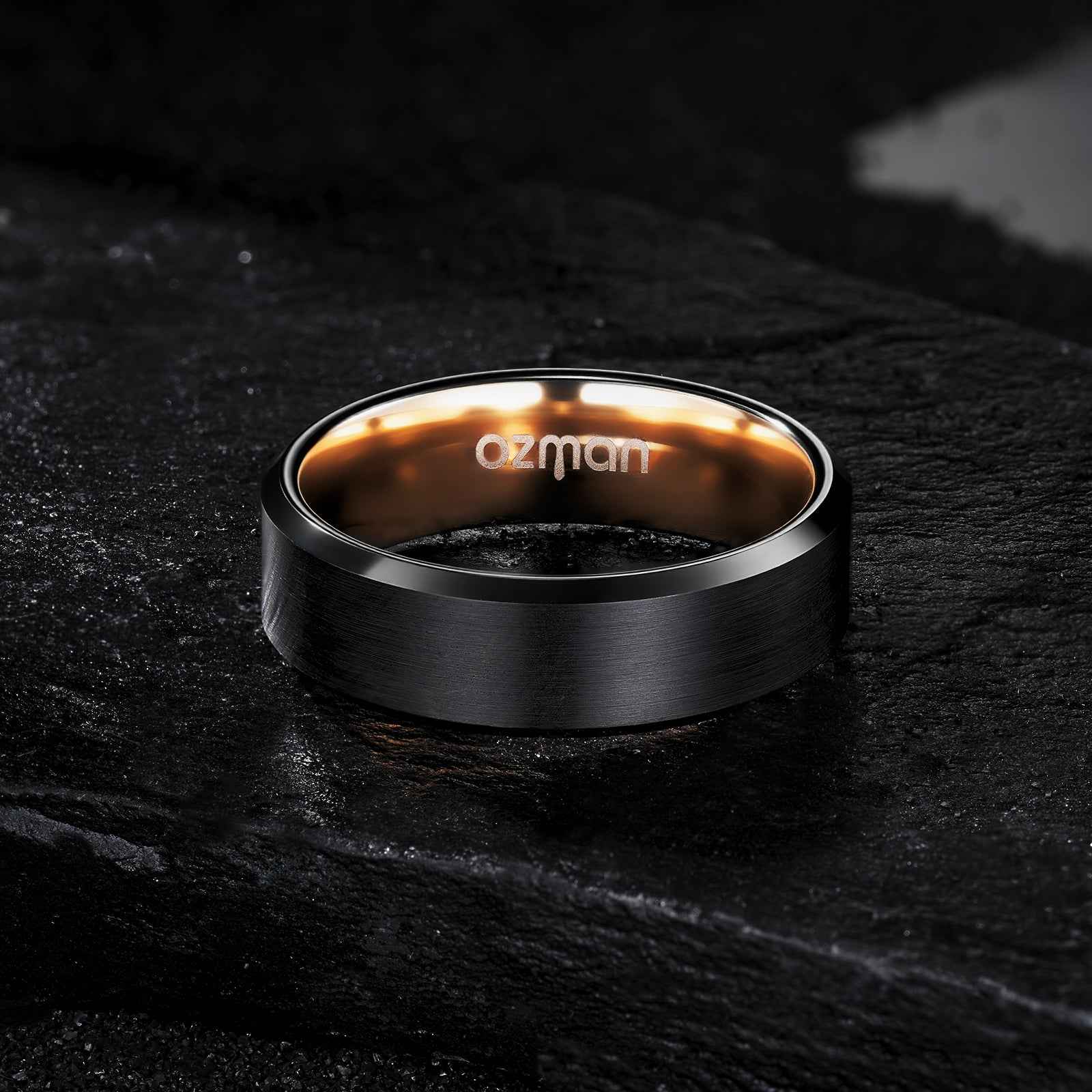Men's Dark Night Beveled Rose Gold Inlay Tungsten Ring - Ozman