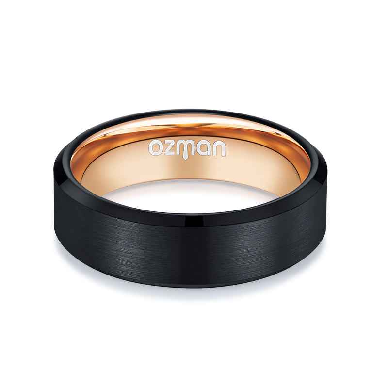 Men's Dark Night Beveled Rose Gold Inlay Tungsten Ring - Ozman