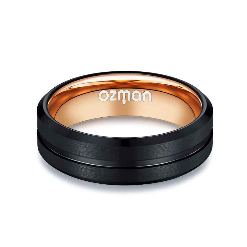 Men's Dark Night Grooved Rose Gold Inlay Tungsten Ring - Ozman