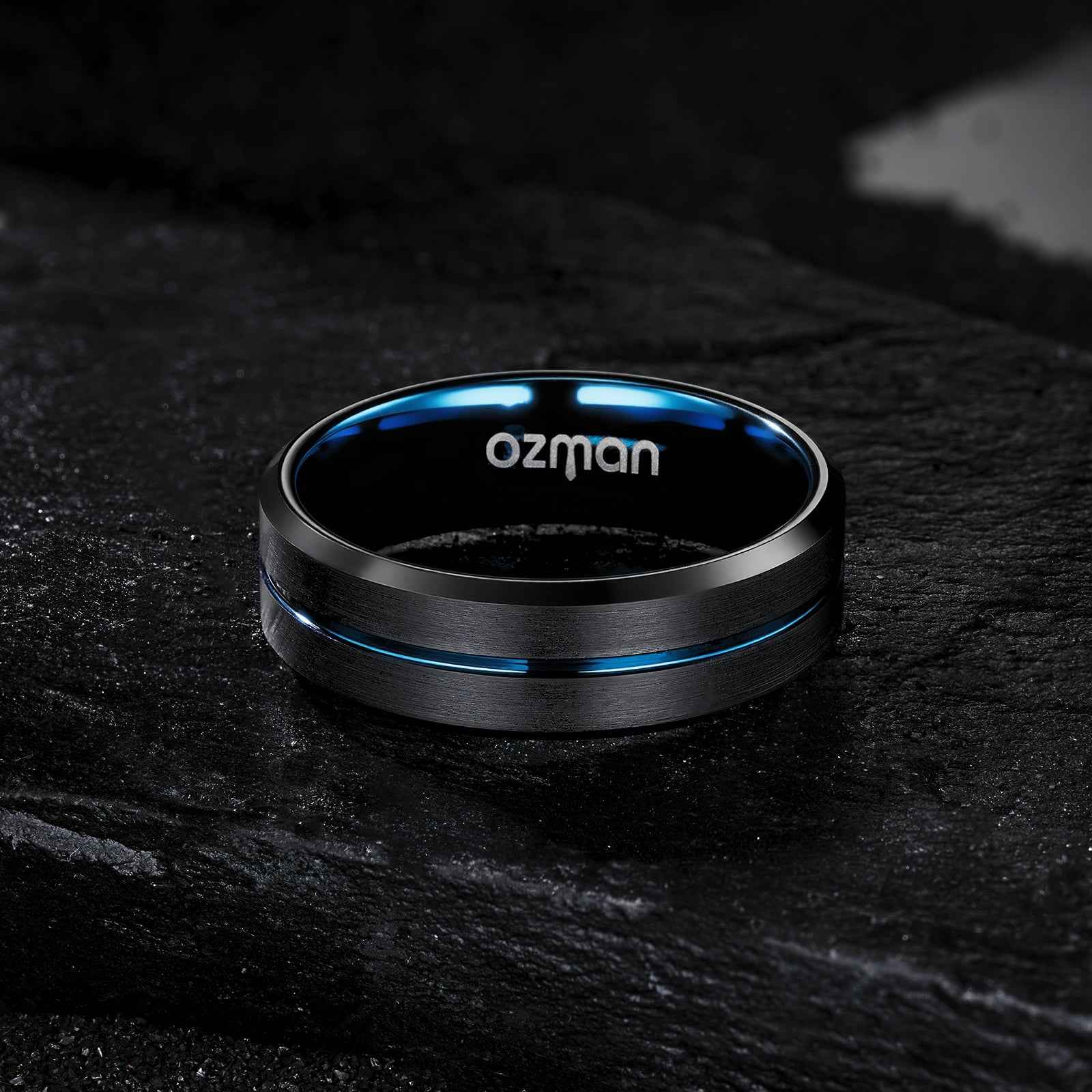 Men's Dark Night Mid Blue Grooved Tungsten Ring - Ozman