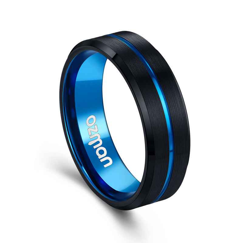 Men's Dark Night Mid Blue Grooved Tungsten Ring - Ozman