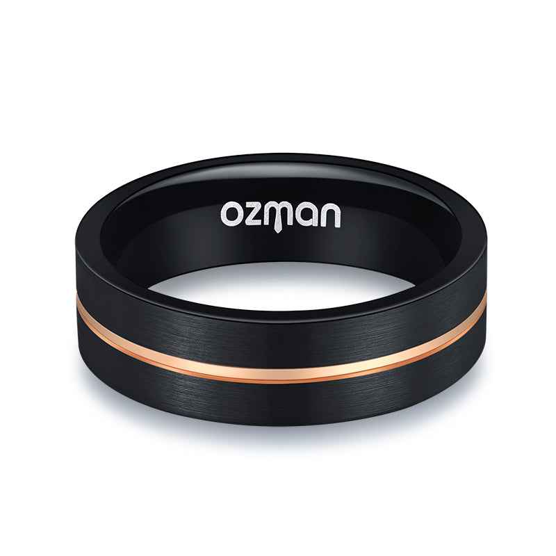 Men's Dark Night Mid Rose Gold Grooved Tungsten Ring - Ozman