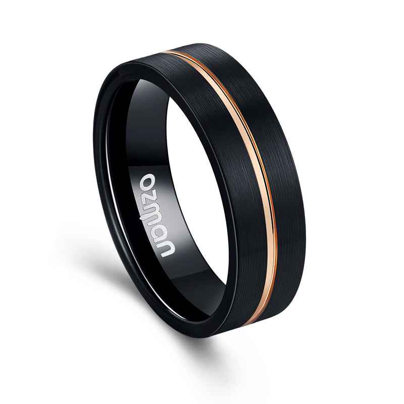 Men's Dark Night Mid Rose Gold Grooved Tungsten Ring - Ozman