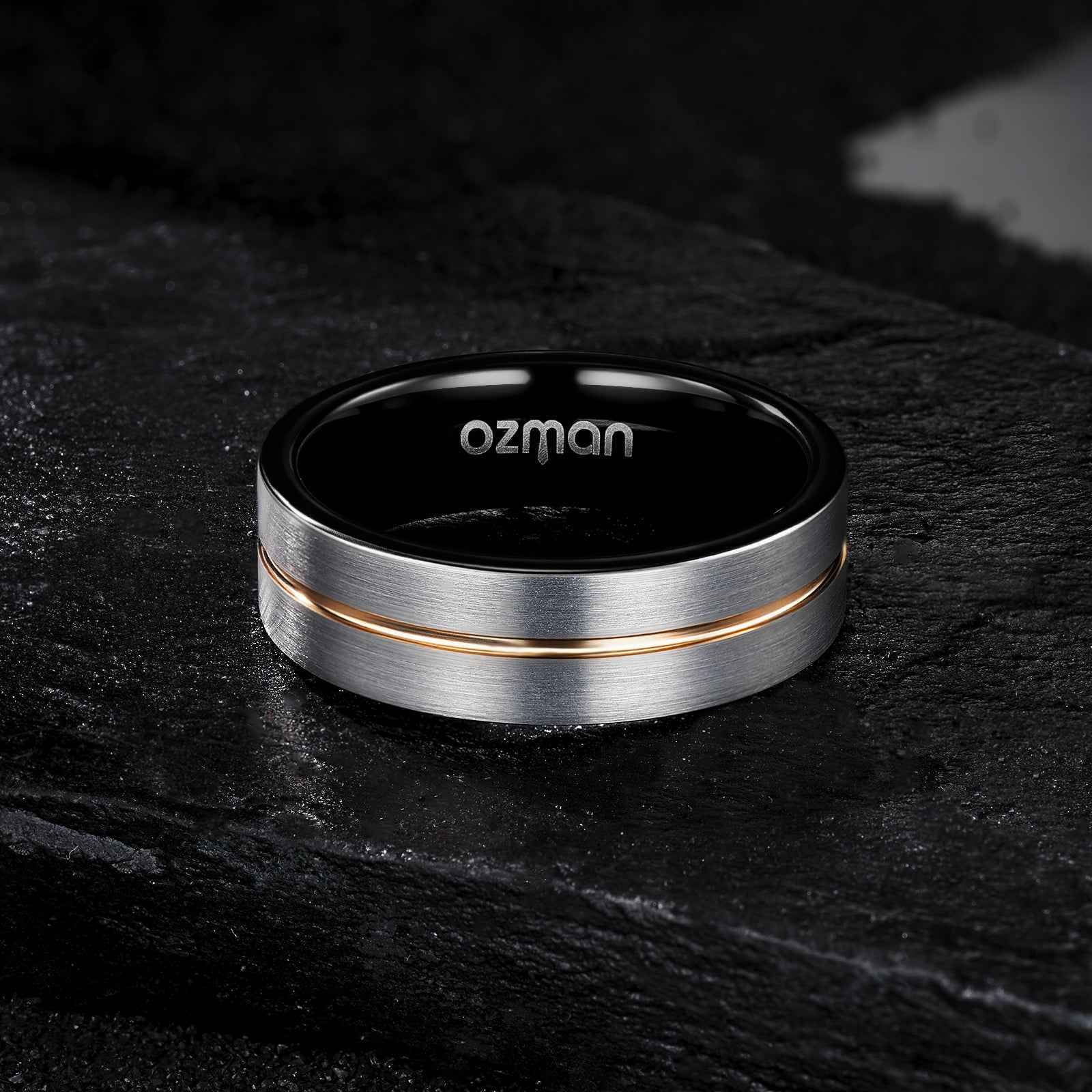 Men's Silver Brushed Black Inlay Rose Gold Grooved Tungsten Ring - Ozman