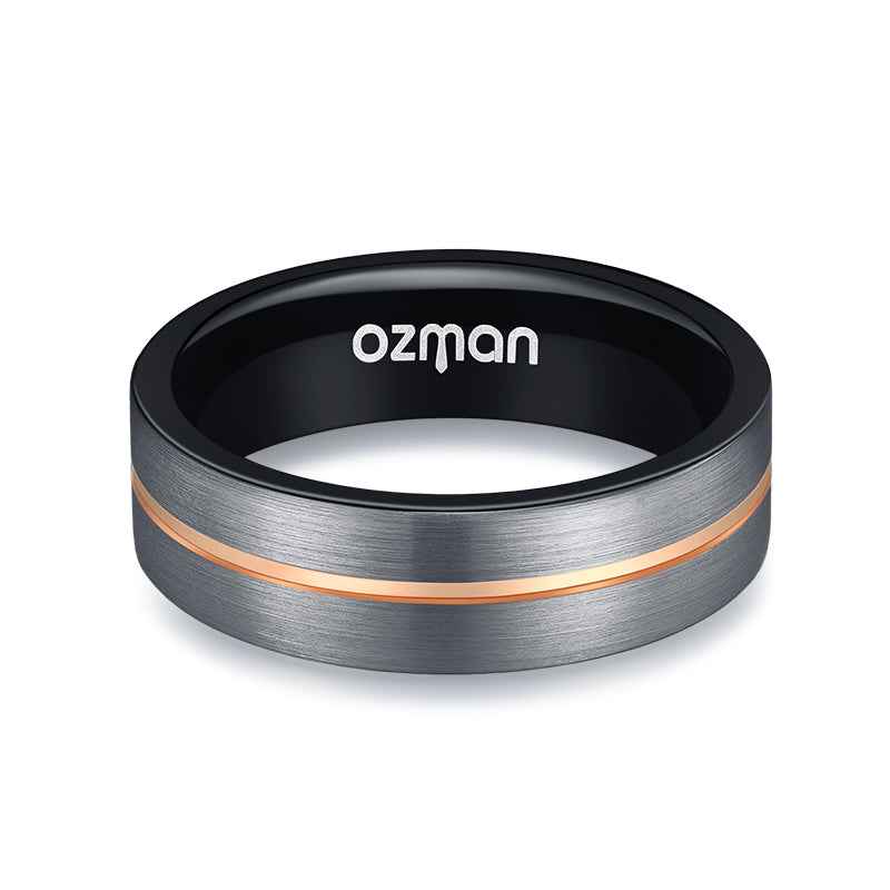 Men's Silver Brushed Black Inlay Rose Gold Grooved Tungsten Ring - Ozman