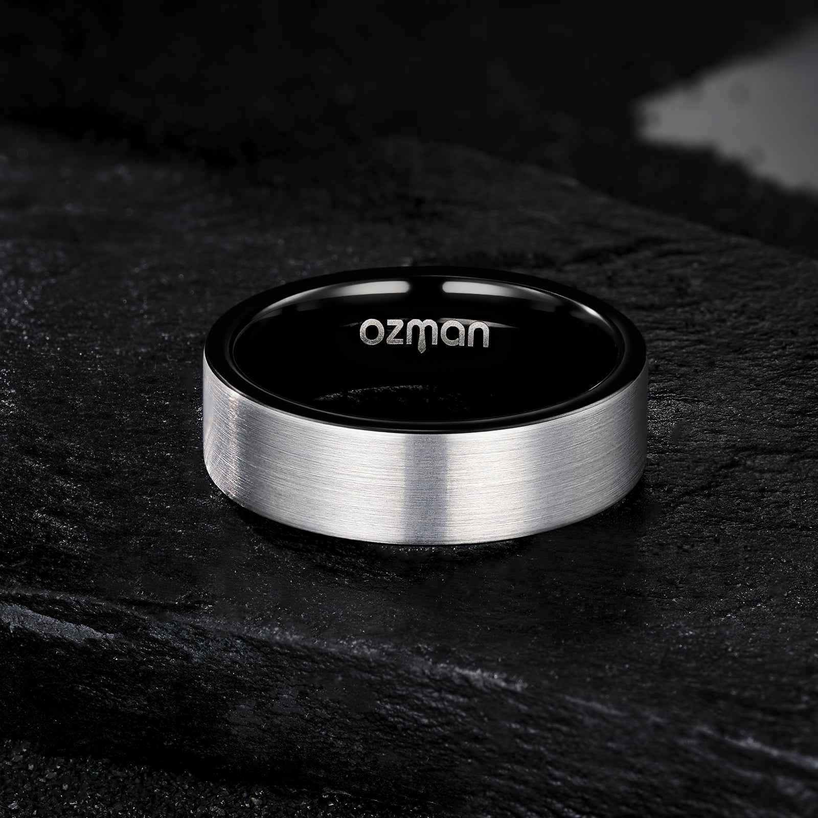 Men's Silver Brushed Black Inlay Tungsten Ring - Ozman