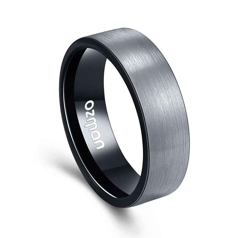 Men's Silver Brushed Black Inlay Tungsten Ring - Ozman
